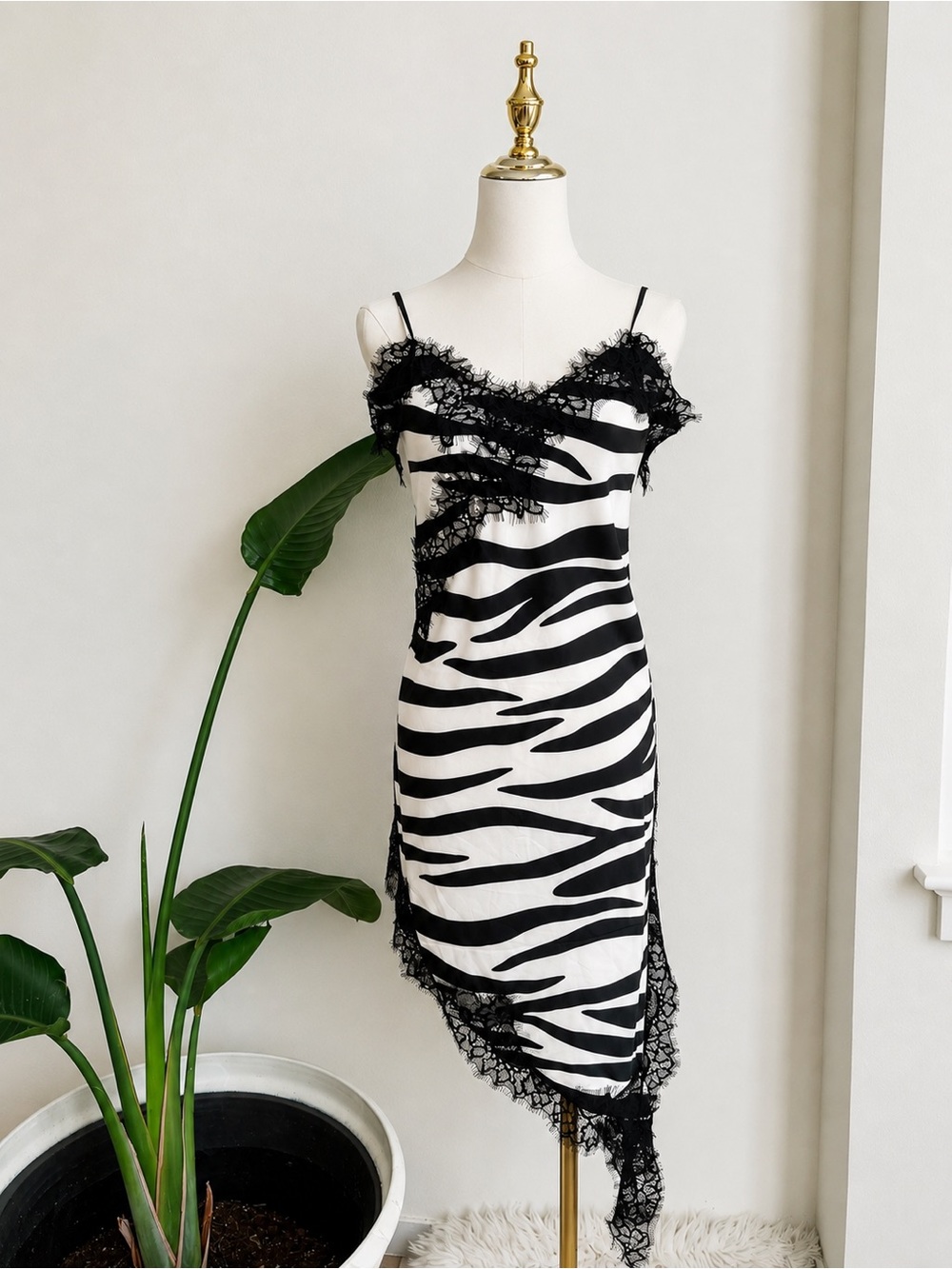 Black & White Zebra Slip Dress with Lace Trim